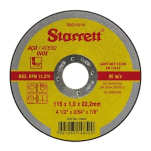 Disco de Corte Inox 115 x 1 x 22,2 mm Starrett DAC 115-14