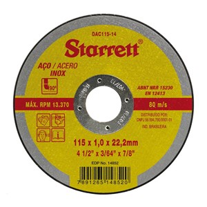 Disco de Corte Inox 115 x 1 x 22,2 mm Starrett DAC 115-14