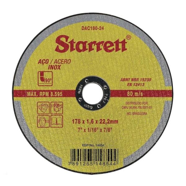 Disco de Corte Inox 178 x 1,6 x 22,2 mm Starrett DAC 180-24