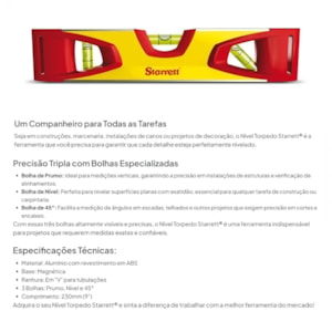 Nível Torpedo 230mm com Superfície Magnética Starrett KLTS9-S