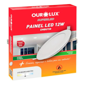 Painel Plafon Led 12W Embutir Redondo Branco 6500K Ourolux