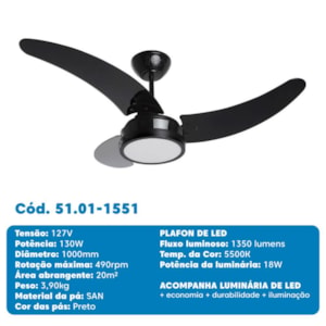 Ventilador de Teto Búzios Max LED Preto 110/127V TRON - 51.01-1551