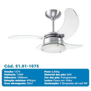 Ventilador de Teto Chanceler San Alumínio Escovado com Pás Transparentes 127V TRON
