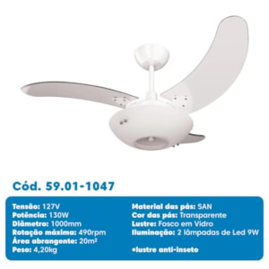 Ventilador de Teto Clean Branco com Pás Transparentes 130W 127V TRON