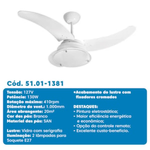 Ventilador de Teto Tron Acrópole 3P 127V Branco