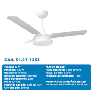 Ventilador de Teto Tron Citrino Branco com Luminária de Led 130W 127V
