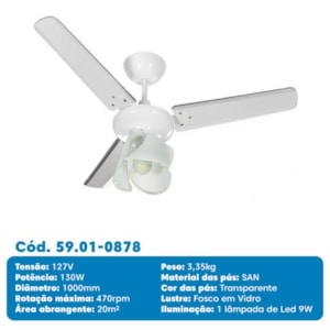 Ventilador de Teto Tron Lestia Branco com Pás Transparentes 130W 127V