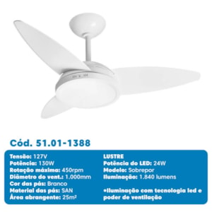 Ventilador de Teto Tron Lykan Led 127V Branco