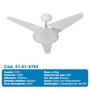 Ventilador de Teto Tron Samatra Branco 130W 127V